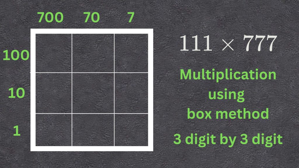 Multiplication using the box method with 111 times 777 example